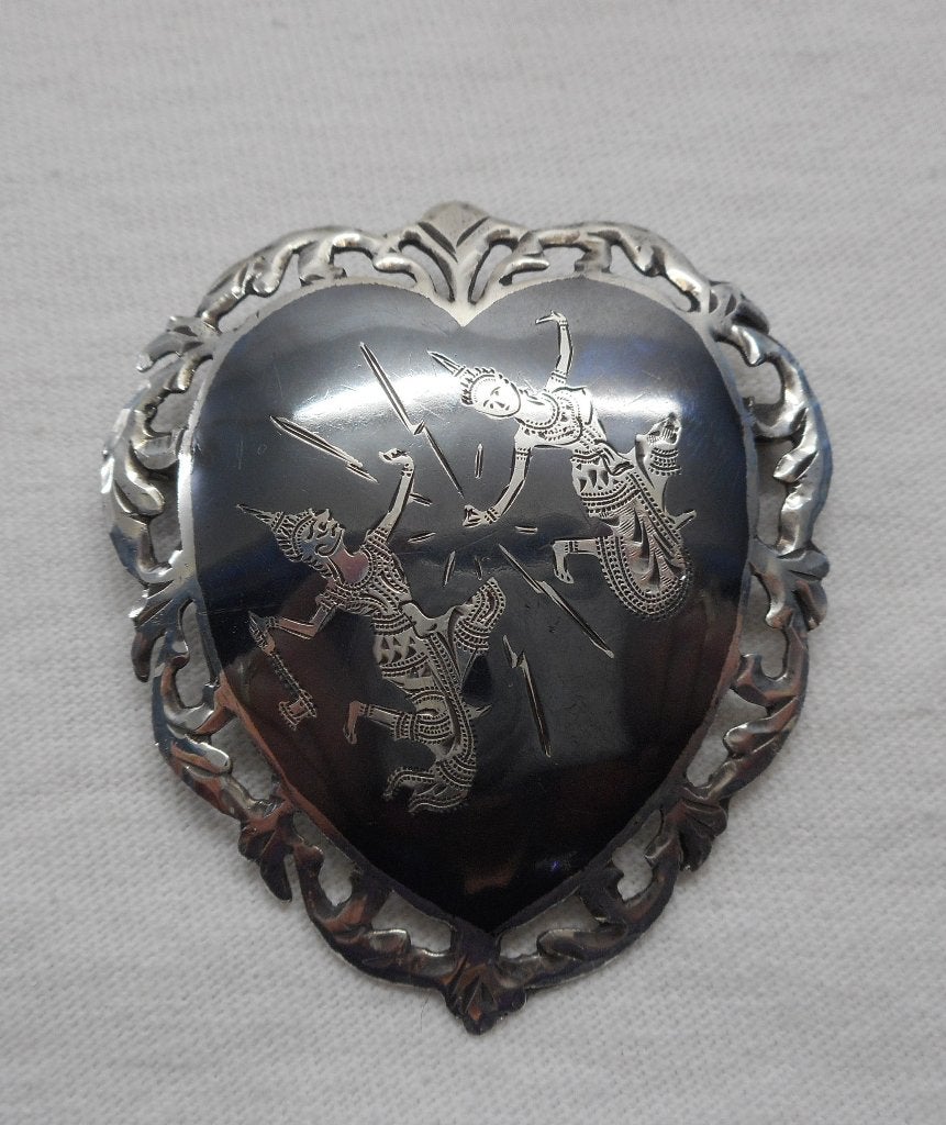 Zilveren grote Siam broche grijs emaillen niello nr.287, 4 tot 7 cm, Verzenden, Zo goed als nieuw, Zilver