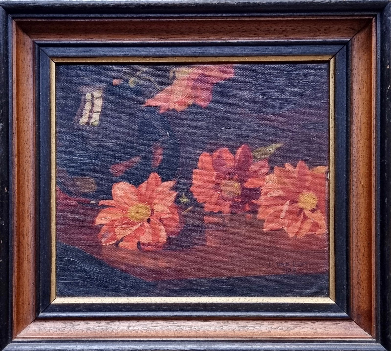 Sfeervol Antiek Bloemenstilleven (Dahlia’s) – Jan Van Elst, Doek, Stilleven, Ophalen of Verzenden, Olieverf