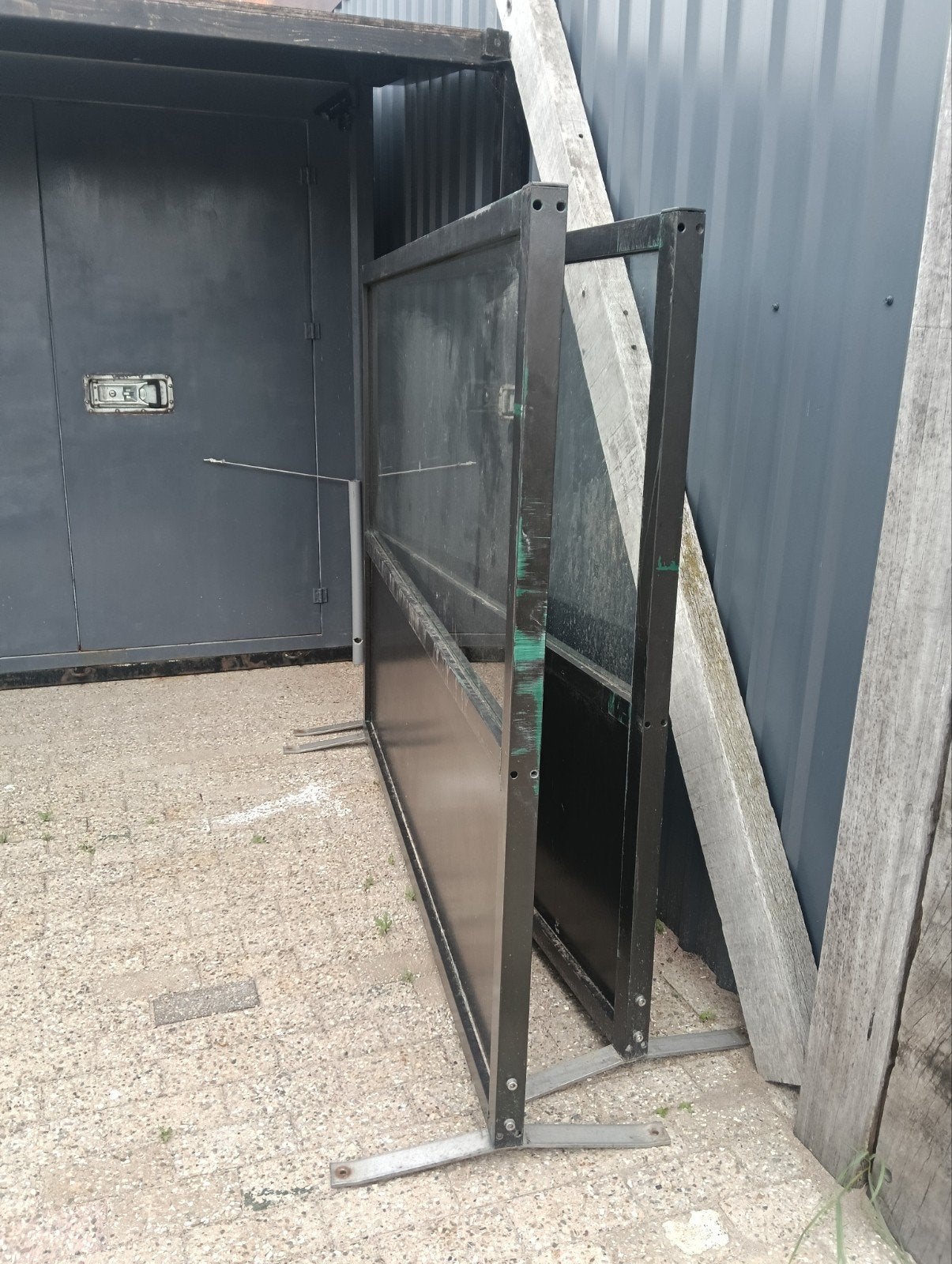 2 Horeca Windschermen RVS Poten Aluminium Frame, Ophalen, Gebruikt
