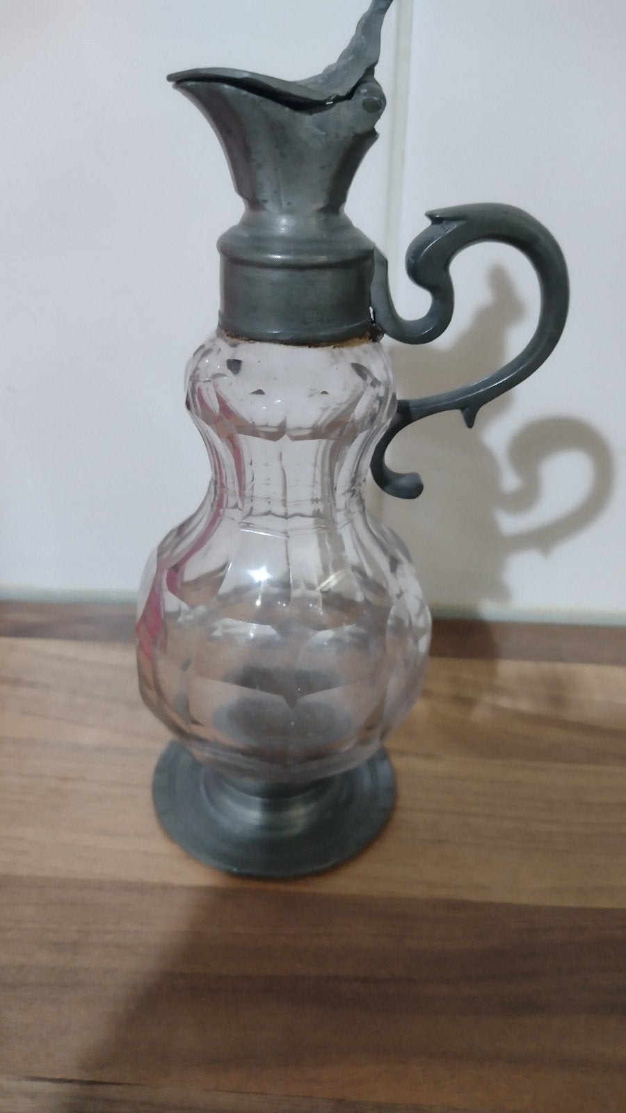 Antieke tinnen kan met glazen karaf - 18cm, Ophalen of Verzenden