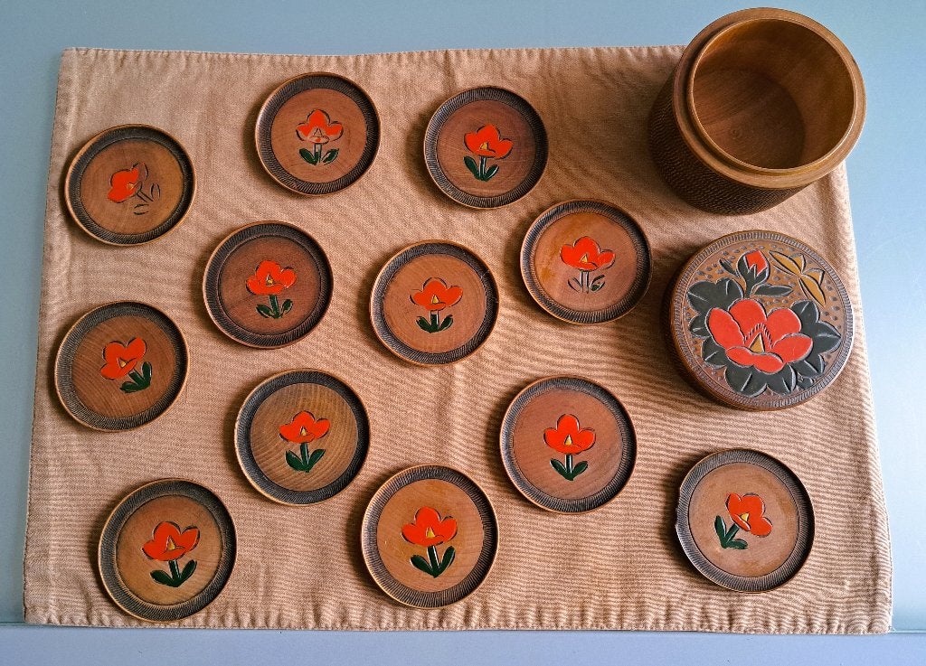 Antieke Japans handgeschilderde doos + 12 onderzetters 1920, Antiek en Kunst, Ophalen