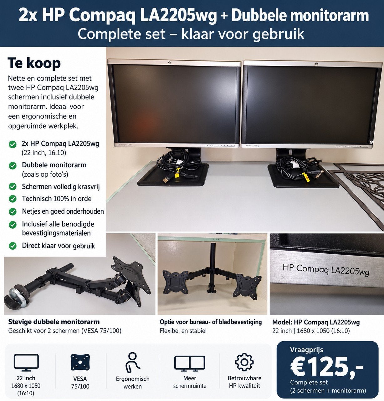2x HP 22 inch monitor + dubbele monitorarm | Krasvrij | Comp, Computers en Software, Ophalen of Verzenden, Zo goed als nieuw, 60 Hz of minder