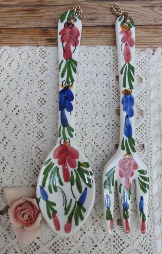 Vintage grote keramieke lepel & vork, bloemen, wanddecoratie, Ophalen of Verzenden