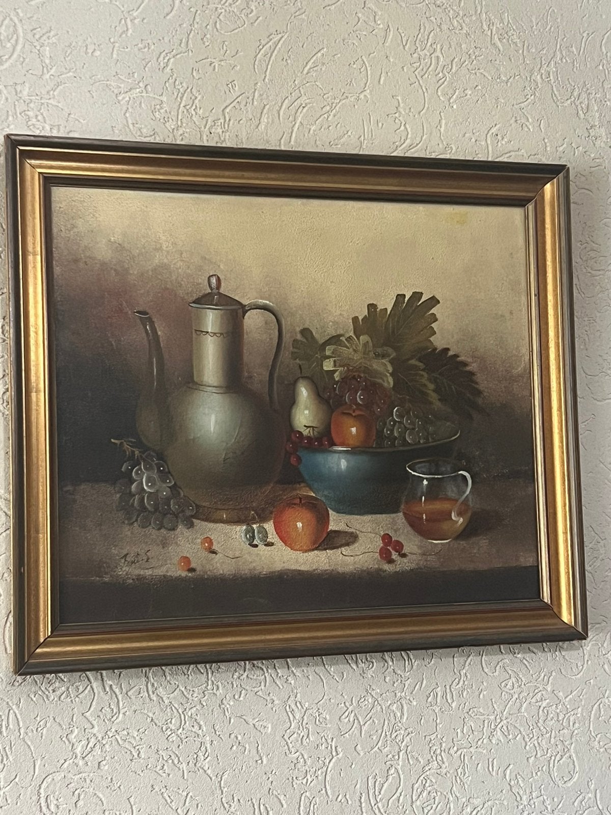 Uniek vintage Schilderij stilleven met fruit en kan, Ophalen of Verzenden