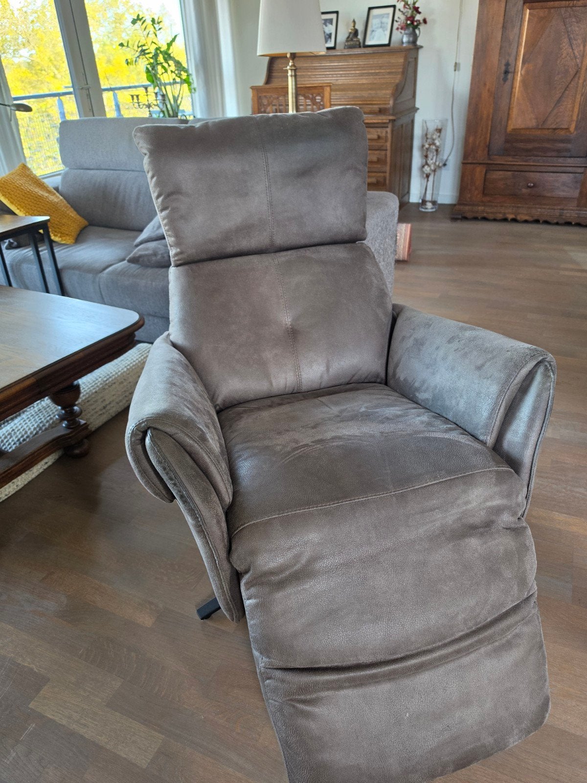 Electrische relax fauteuil taupe/grijs, Ophalen, Overige materialen, Minder dan 50 cm, Minder dan 75 cm