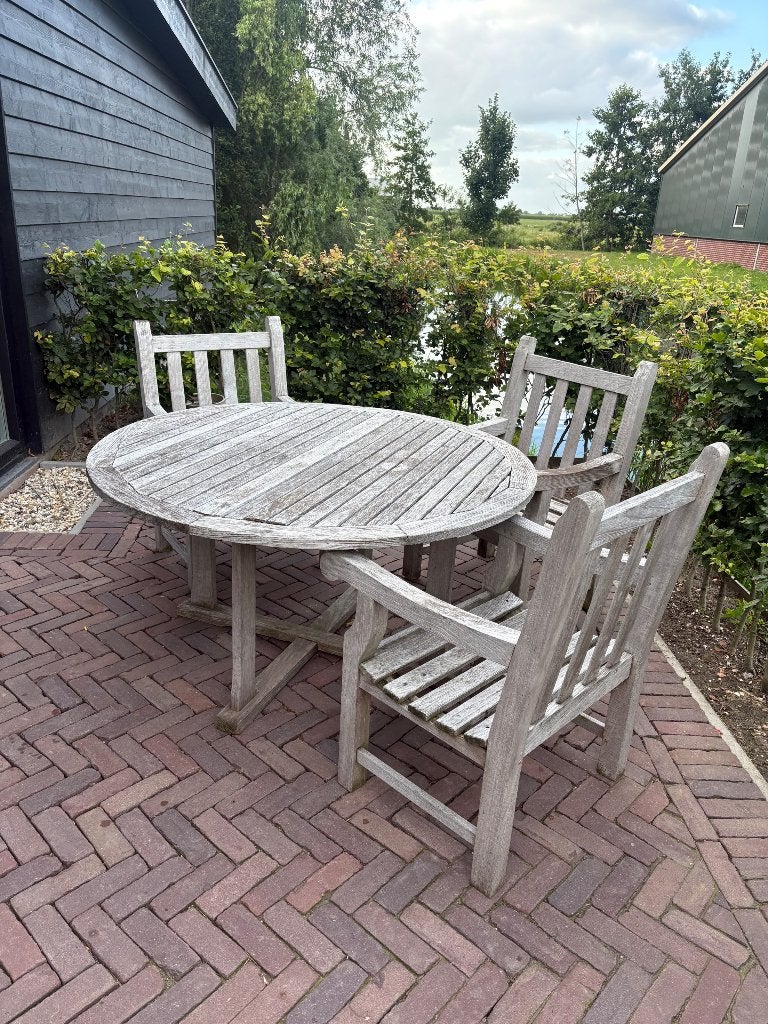 Teakhouten tuinset / eetset met ronde tafel, Ophalen, 4 zitplaatsen, Gebruikt, Teakhout