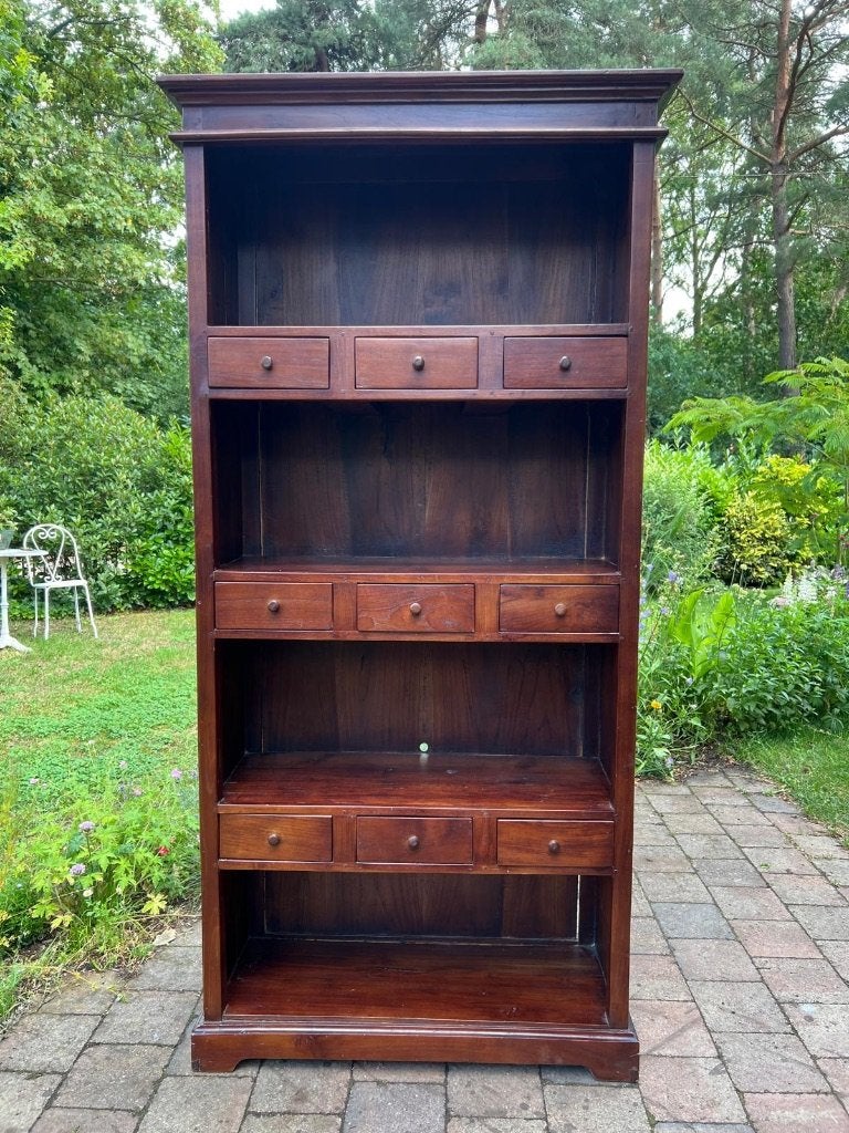 Teakhouten koloniale kast / boekenkast lades – massief teak, Ophalen, Met plank(en), Koloniaal, Teakhout