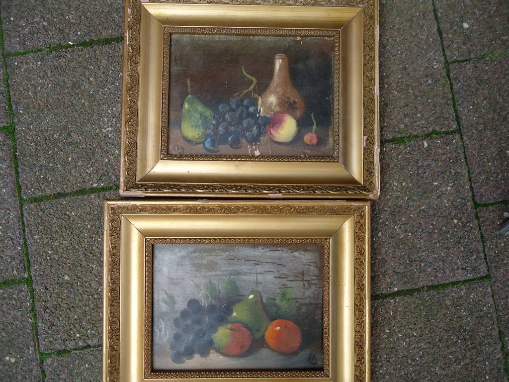 2 antieke schilderijtjes, Ophalen of Verzenden, Stilleven, Paneel