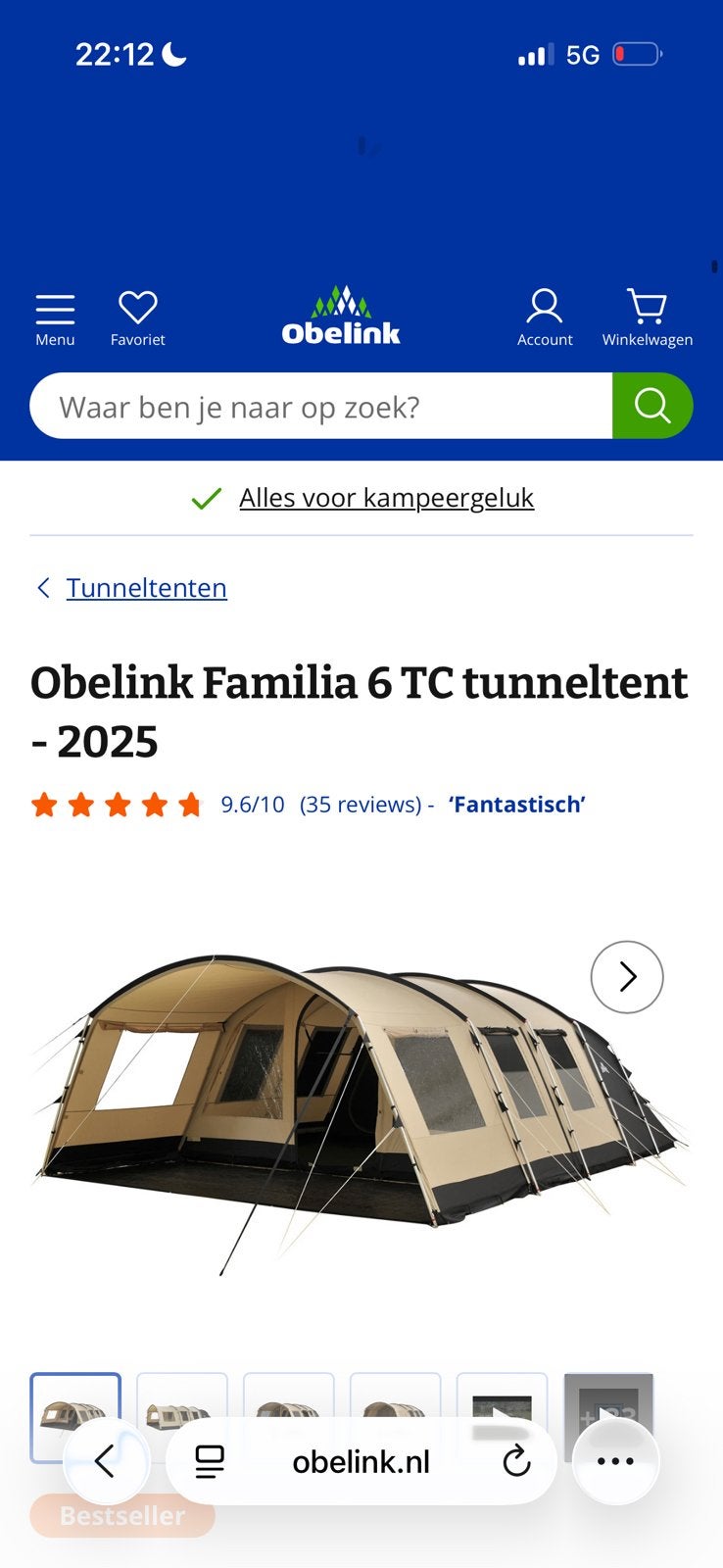 Gezocht! Obelink Familia 6 tunneltent, Caravans en Kamperen, Tenten, Ophalen, Zo goed als nieuw