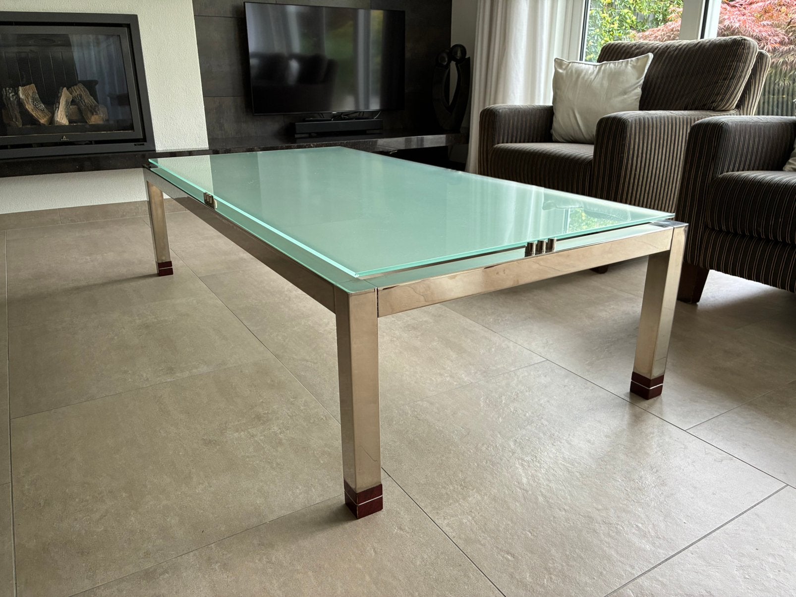 Salontafel chroom/glas, Ophalen, 50 tot 100 cm, 150 tot 200 cm, Rechthoekig