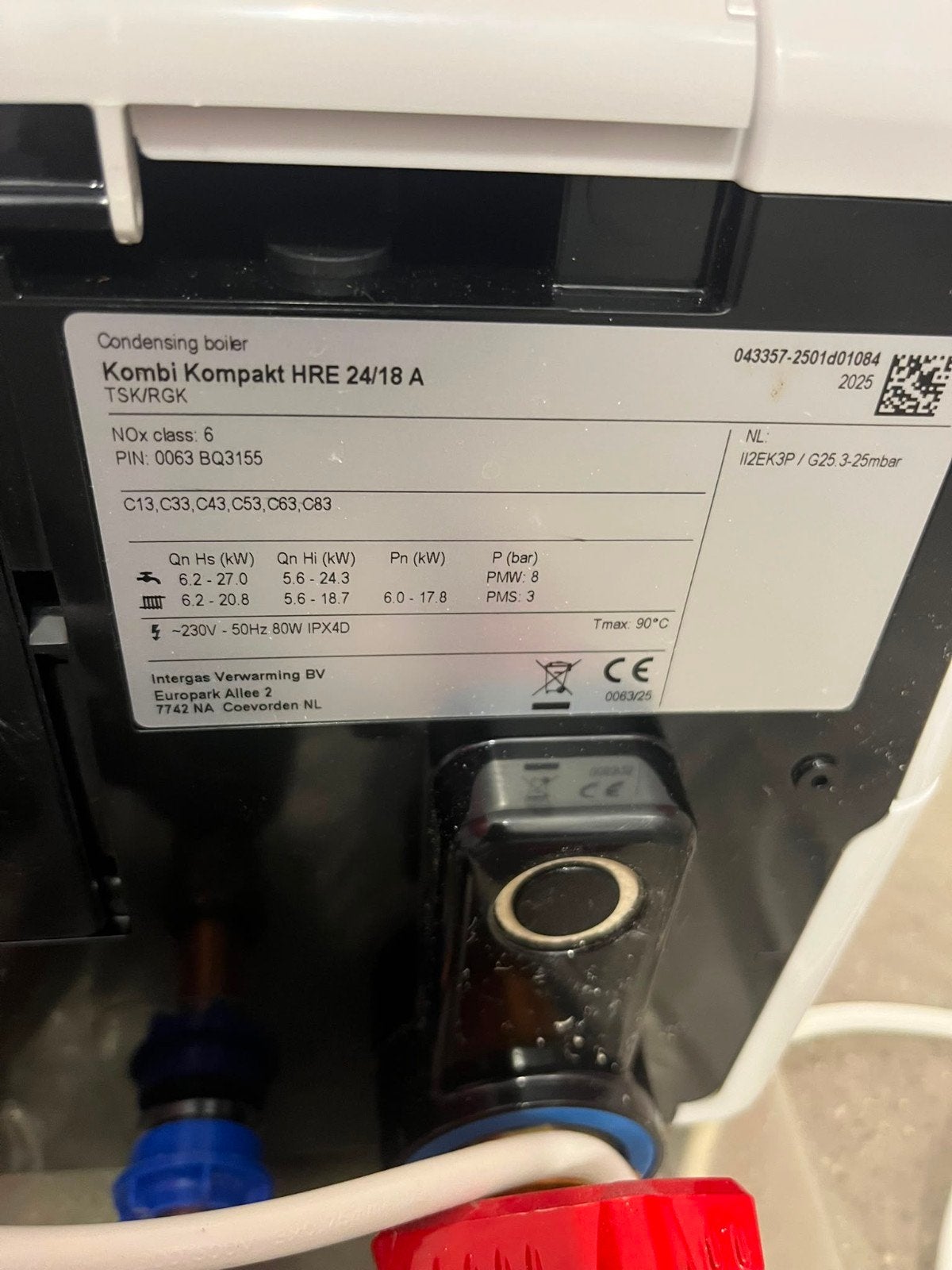 Intergas Kombi Kompakt HRE 24/18 A CV-ketel bj 2025, Ophalen, Gebruikt, Hoog rendement (Hr), Cv-ketel of Combi-ketel