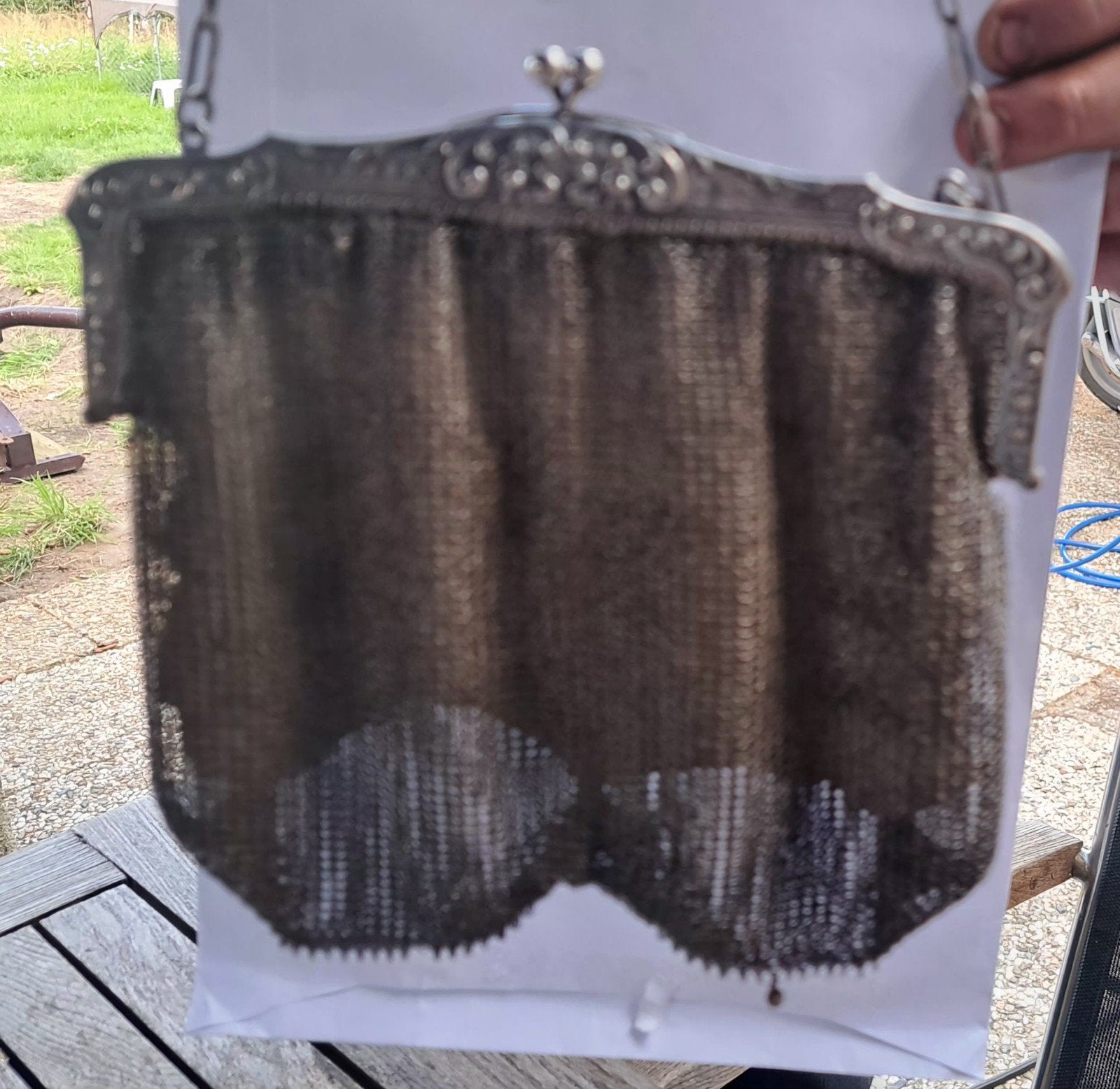 Antieke zilveren beurs/handtasje met ketting, Ophalen of Verzenden, Gebruikt, Grijs, Handtas