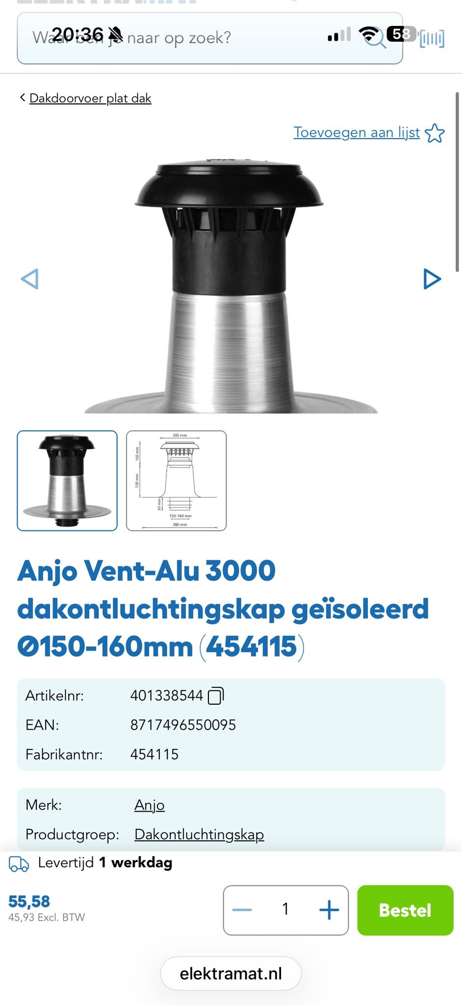 Anjo Vent-Alu 3000 dakdoorvoer 150-160mm geïsoleerd, Doe-het-zelf en Verbouw, Dakpannen en Dakbedekking, Zwart, Overige typen