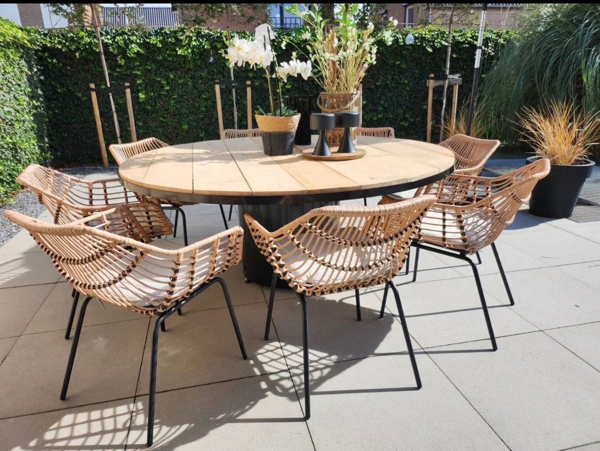 Grote ronde tuintafel met 8 rotan stoelen - Demontabel, Tuin en Terras, Tuinsets en Loungesets, Gebruikt, Tuinset, Rotan, 8 zitplaatsen