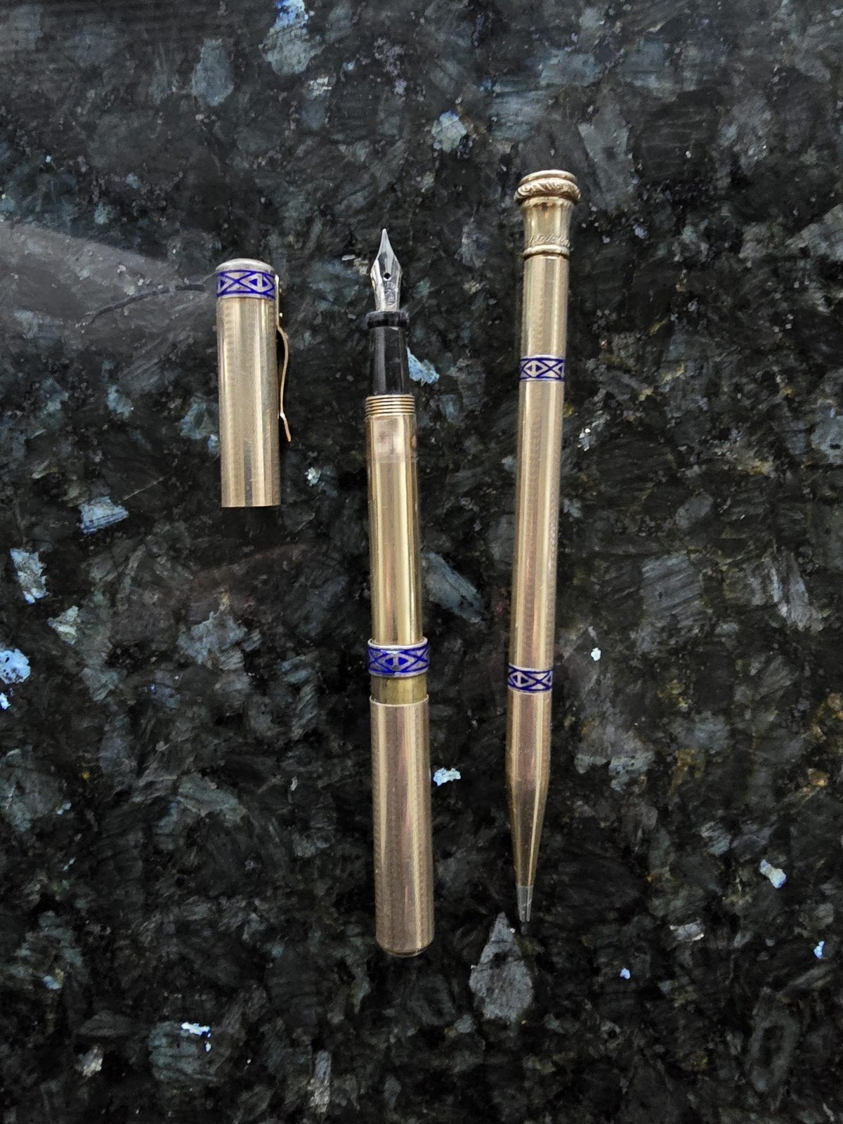 Antieke Gouden Vulpen en Potlood Set - Vintage Schrijfset, Verzamelen, Ophalen of Verzenden, Gebruikt