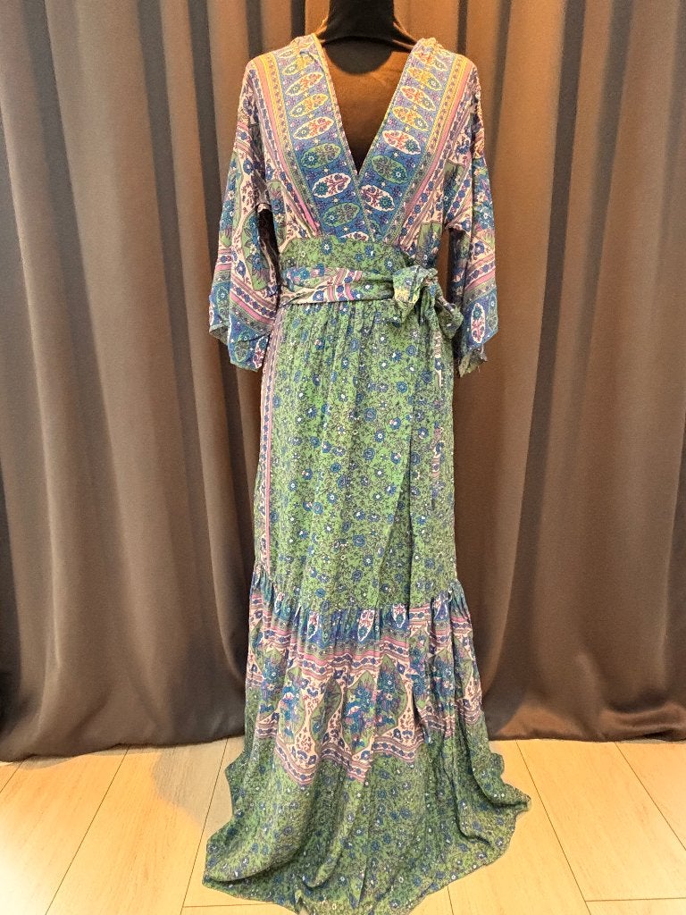 Boho Maxi Jurk met Bloemenprint en Wikkeldetail, Kleding | Dames, Maat 38/40 (M), Meerkleurig, Silver Gold, Ophalen of Verzenden