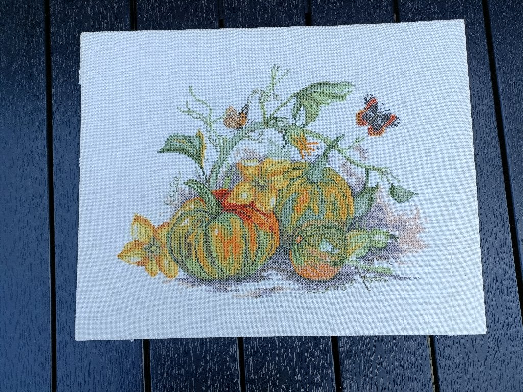 geborduurd passe-partout met pompoenen 43 x 34 cm, Ophalen of Verzenden, Gebruikt, Handborduren, Overige typen