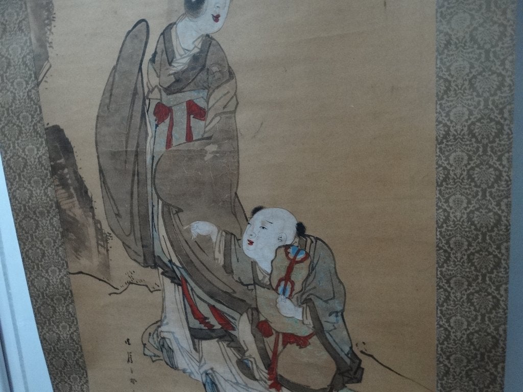 Antieke Japanse rolschildering, scroll antiek incl. doos, Origineel werk, Portret of Personen, Klassiek, Gemengde techniek