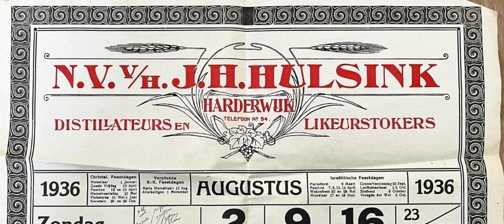 HARDERWIJK - Hulsink Distilleerderij - pagina kalender 1936, Ophalen of Verzenden, Gebruikt, Overige typen