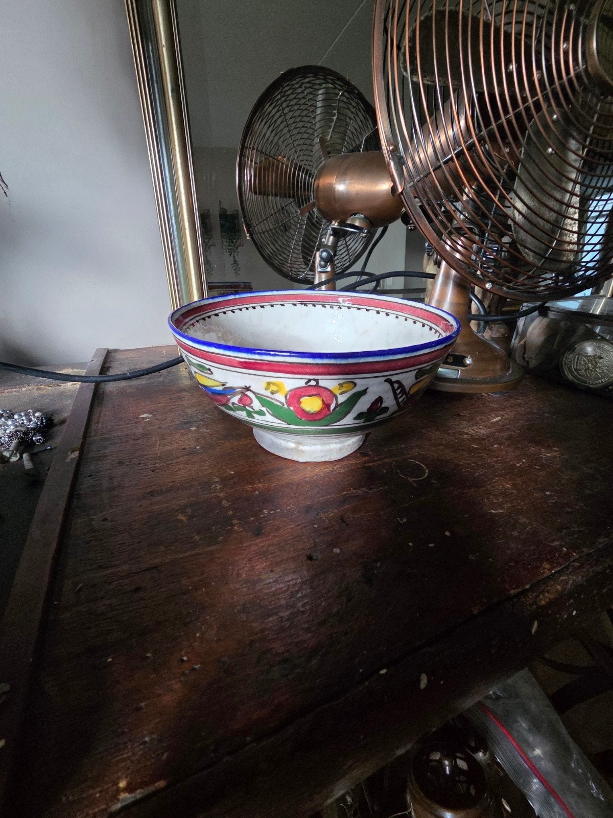 Antieke handgeschilderde kom met vogelmotief, Ophalen of Verzenden