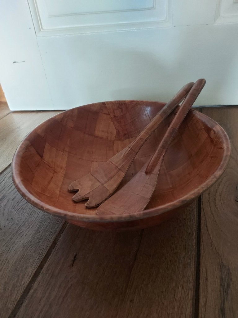 Vintage houten slakom/ woven wood . Jaren 60/ 70, Ophalen of Verzenden, Gebruikt