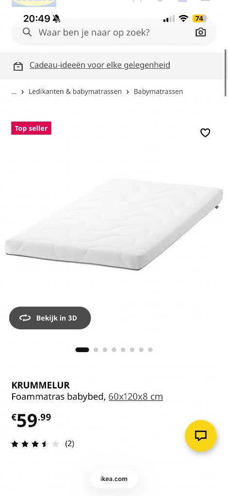 Krummelur matras babybed, Ophalen, 190 cm of minder, Zo goed als nieuw, Matras
