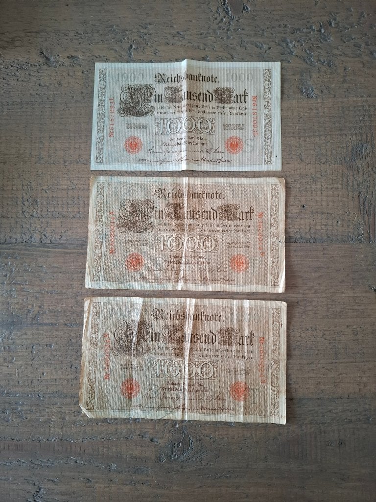 3 Duitse bankbiljetten 1000 Mark – 1910, Postzegels en Munten, Ophalen of Verzenden, Duitsland, Los biljet