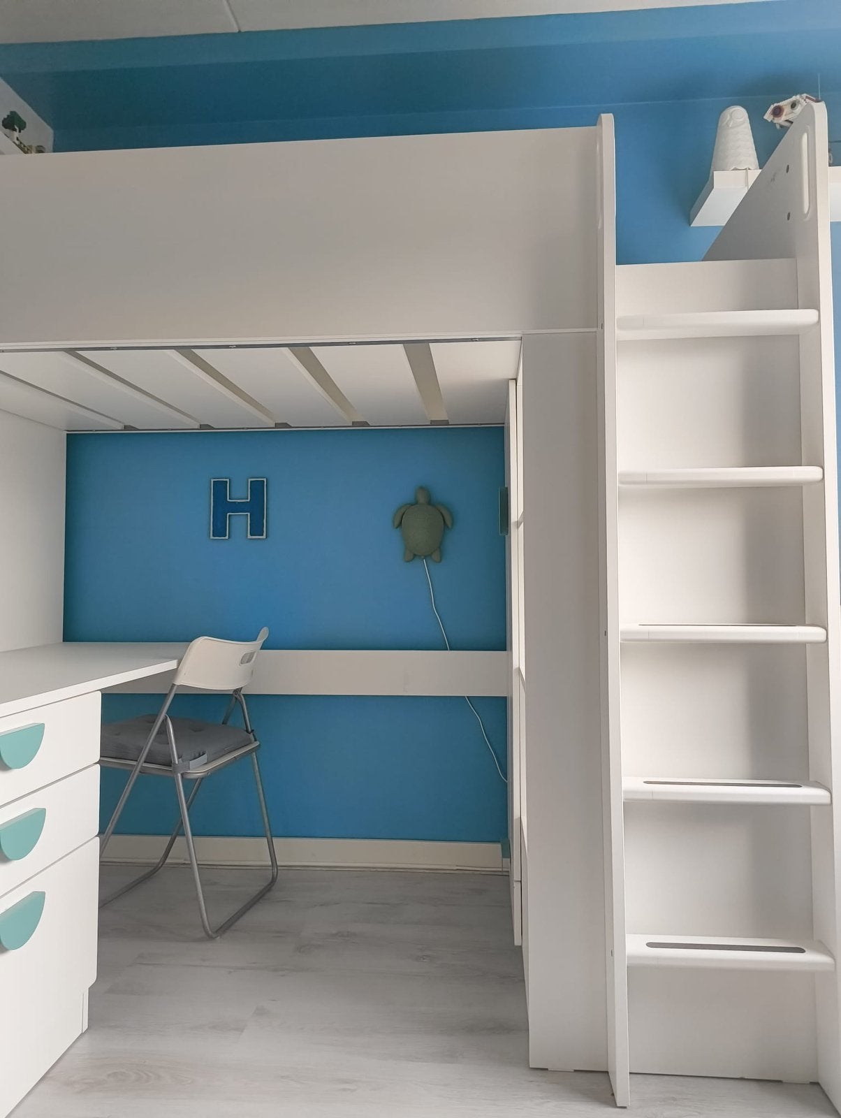 Ikea hoogslaper met bureau, kast en boekenkast wit, Eenpersoons, Ophalen of Verzenden, Zo goed als nieuw, 90 cm