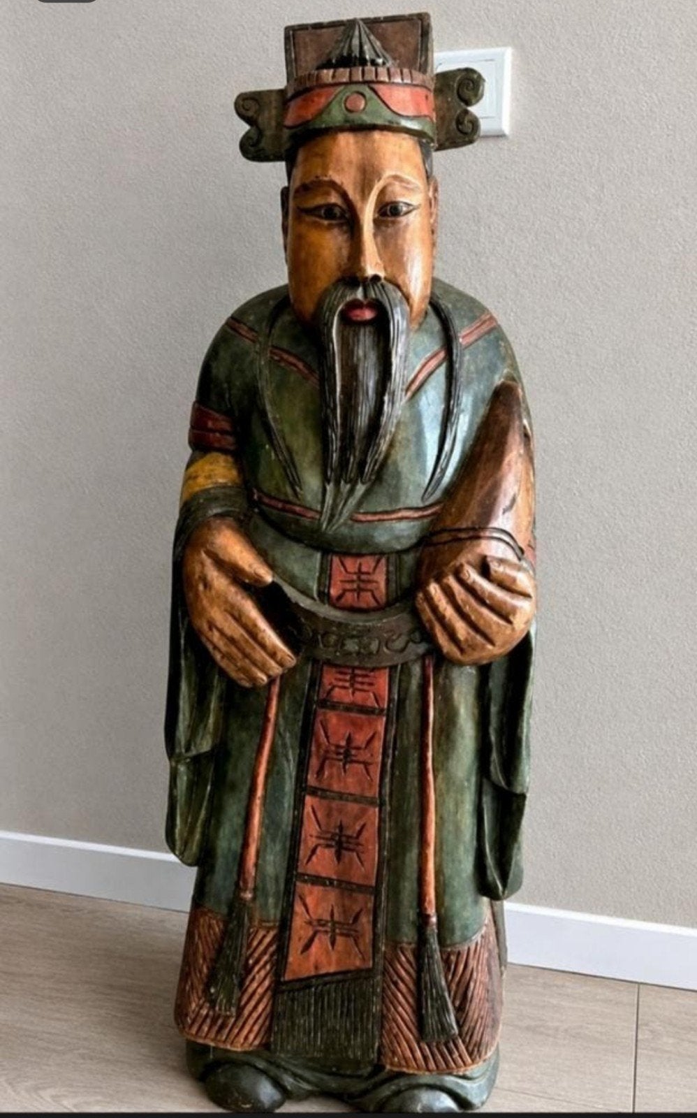 Oud houten beeld van een Chinese wijze, Ophalen, 1 meter - 2 meter, Beeld, Hout