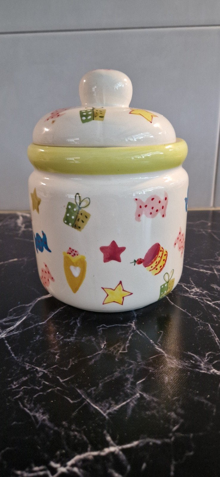 Jamin Voorraadpot met vrolijke decoratie, Gebruikt, Ophalen of Verzenden, Voorraadpot, Steen/keramiek
