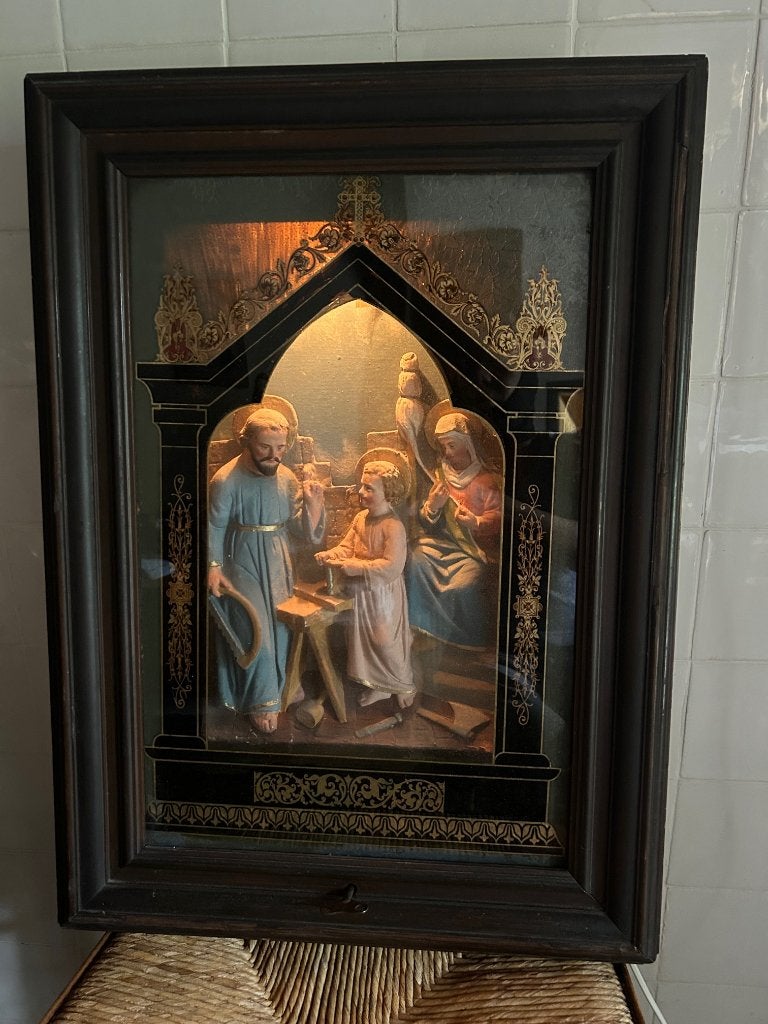 Heel mooi driedimensionaal schilderij van de Heilige Familie, Antiek en Kunst, Antiek | Religie, Ophalen