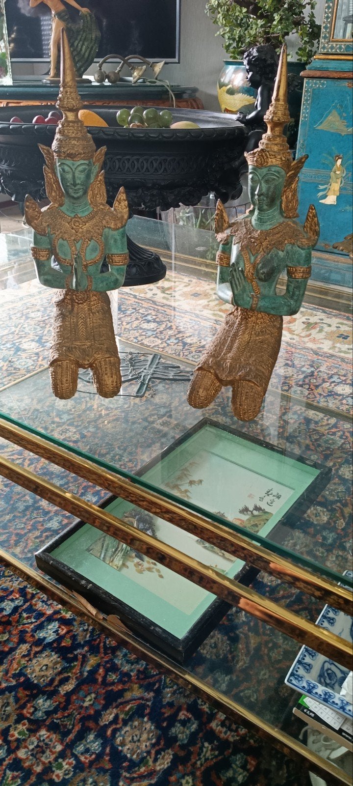 Set van 2 Aziatische tempel wachters beelden - Groen en Goud, Antiek en Kunst, Ophalen of Verzenden, Handgemaakt, 20 - 50 cm, Beeld