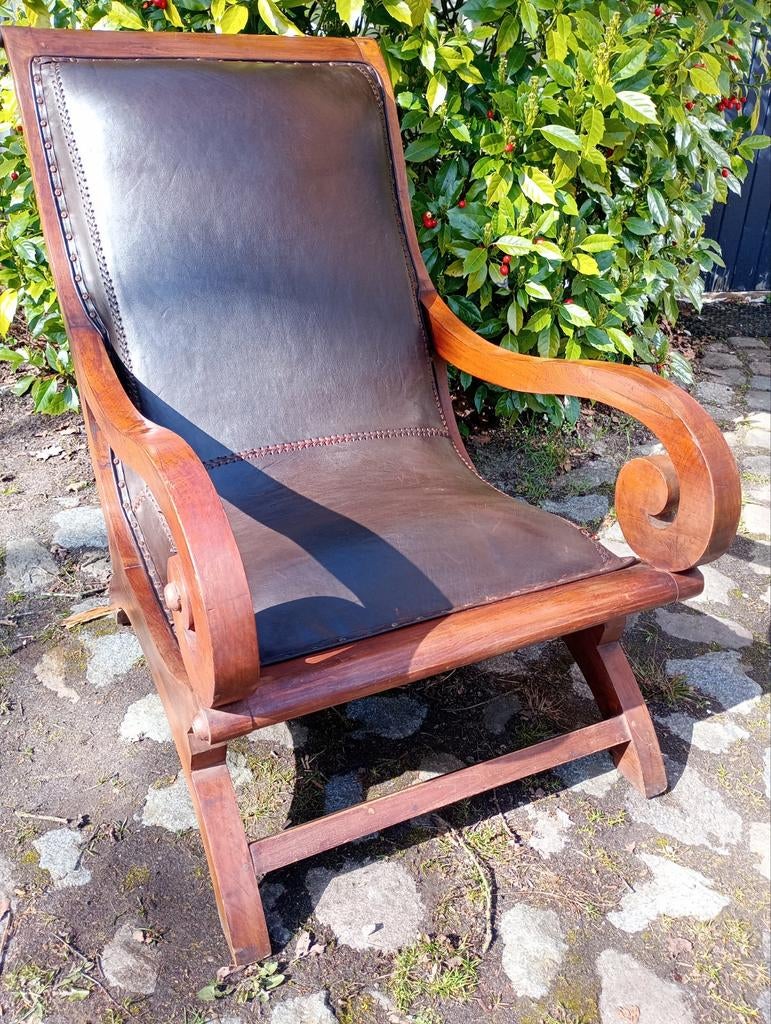 Koloniale Teakhouten Stoel met Lederen Bekleding, Antiek en Kunst, Ophalen
