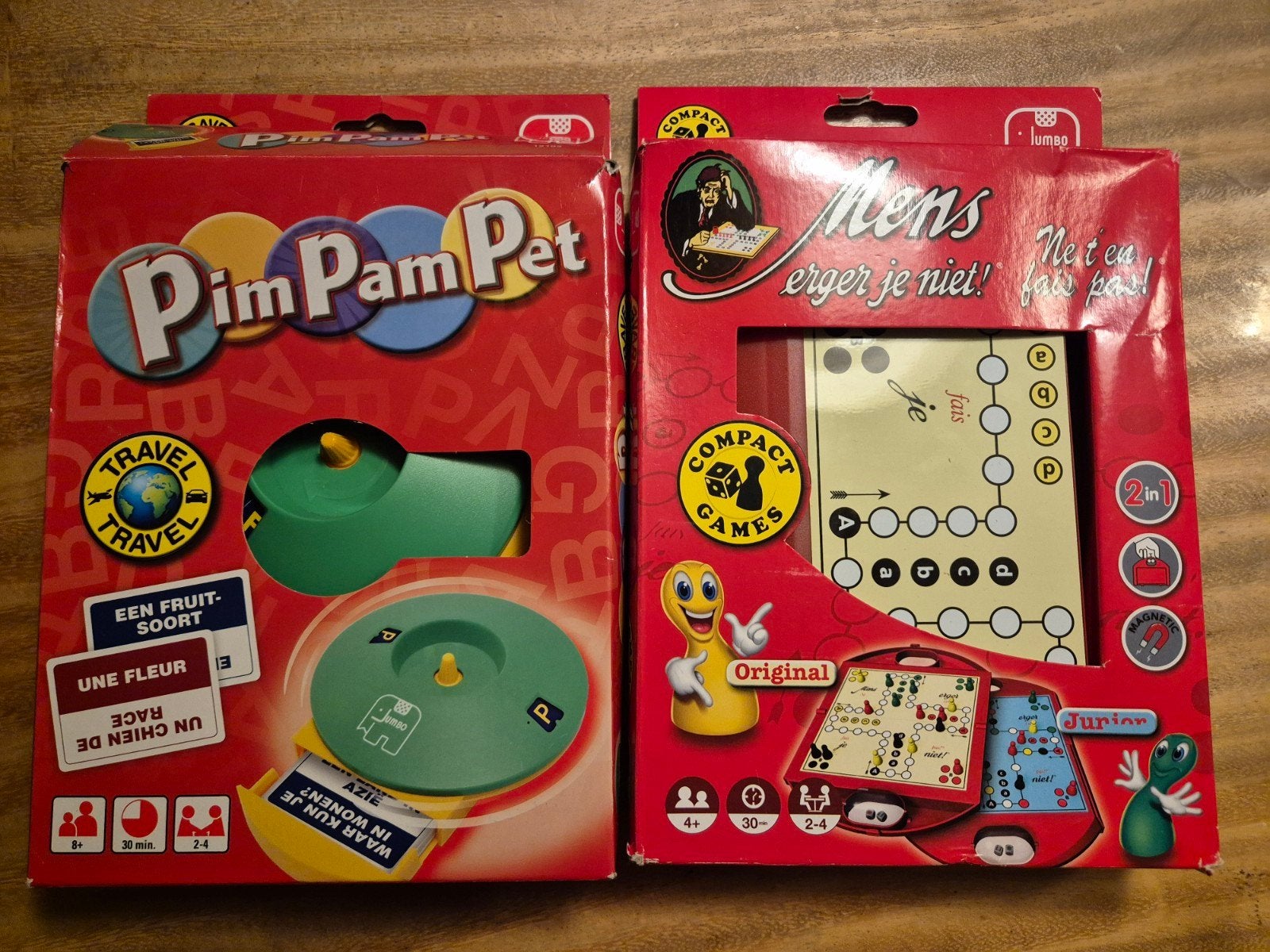 Pim Pam Pet & Mens Erger Je Niet! Compact Spellen, Hobby en Vrije tijd, Jumbo, Gebruikt, Ophalen of Verzenden, Een of twee spelers
