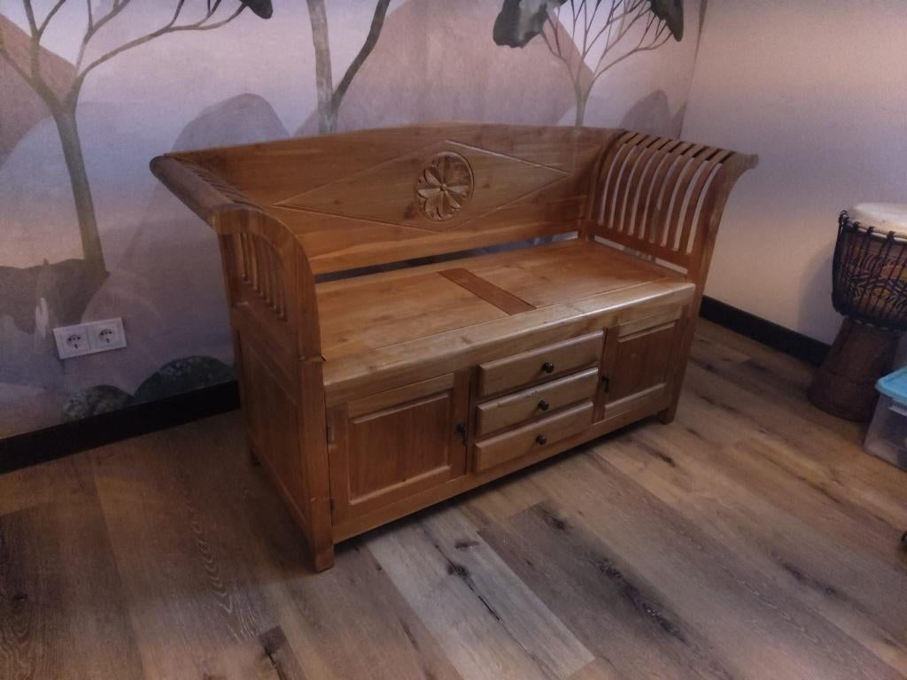 Teakhouten bankje, Ophalen, Minder dan 50 cm, Gebruikt, 125 cm of meer