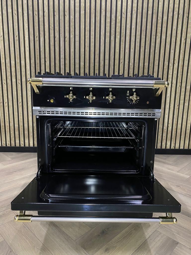 Prachtige Lacanche 70CM Gas Zwart Blinkend Messing + Gasoven, Witgoed en Apparatuur, Fornuizen, 60 cm of meer, Grill, Zo goed als nieuw