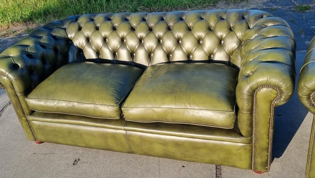 Chesterfield bankstel groen leer + BEZORGING GRATIS, Huis en Inrichting, Banken | Bankstellen, Gebruikt, Chesterfield, Ophalen of Verzenden