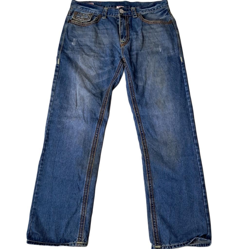 Vintage True Religion Ricky Big QT "World Tour" Made in USA, W36 - W38 (confectie 52/54), Blauw, True Religion, Ophalen of Verzenden