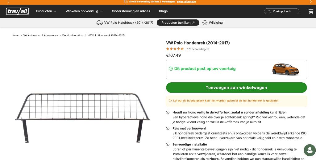 VW Polo scheidingsrek / hondenrek (2014-2017), Dieren en Toebehoren, Ophalen, Zo goed als nieuw