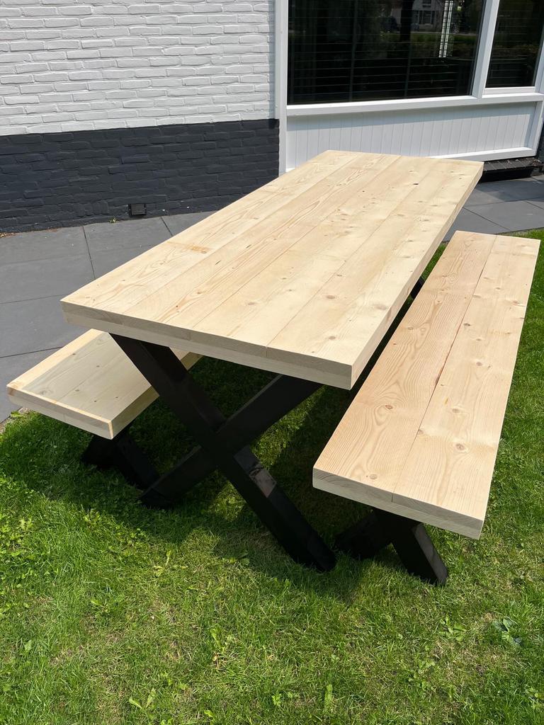 Leuke tafel met 2 bankje steigerhout, Ophalen of Verzenden, Nieuw, Rechthoekig, Hout