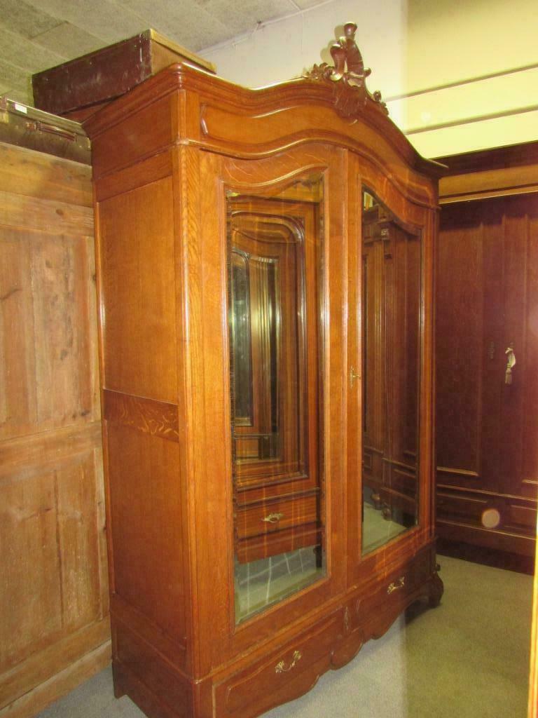 antieke eiken kuif linnenkast kleerkast met spiegeldeuren, 200 cm of meer, 150 tot 200 cm, Eikenhout, Zo goed als nieuw