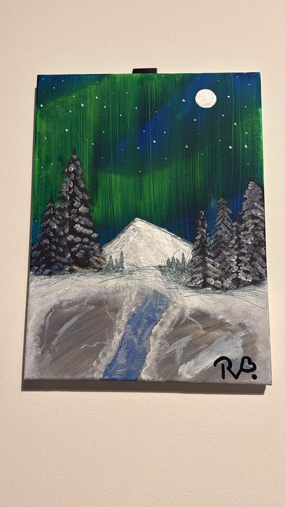 Schilderwerk noorderlicht sneeuw en bos 30x40, Antiek en Kunst, Ophalen of Verzenden