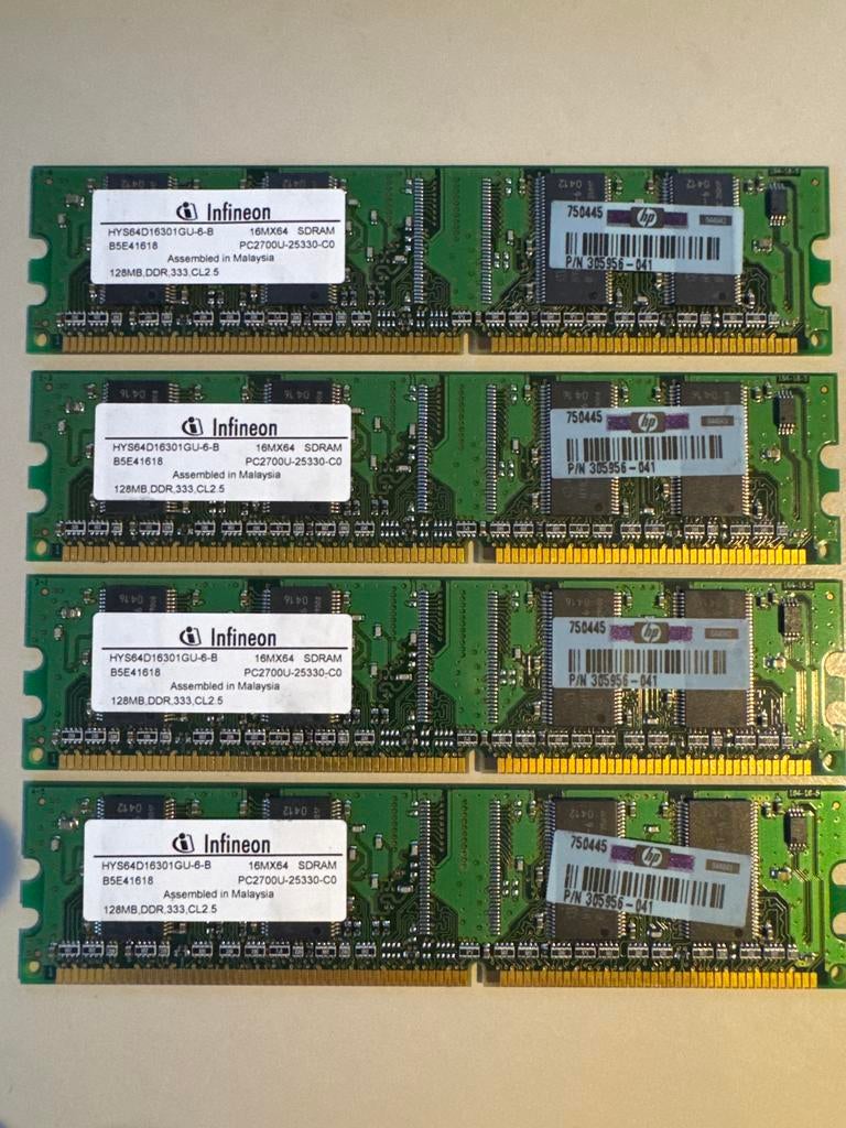 Infineon 4x128MB DDR PC2700 Geheugen, Computers en Software, RAM geheugen, Ophalen of Verzenden, DDR, Desktop, Gebruikt