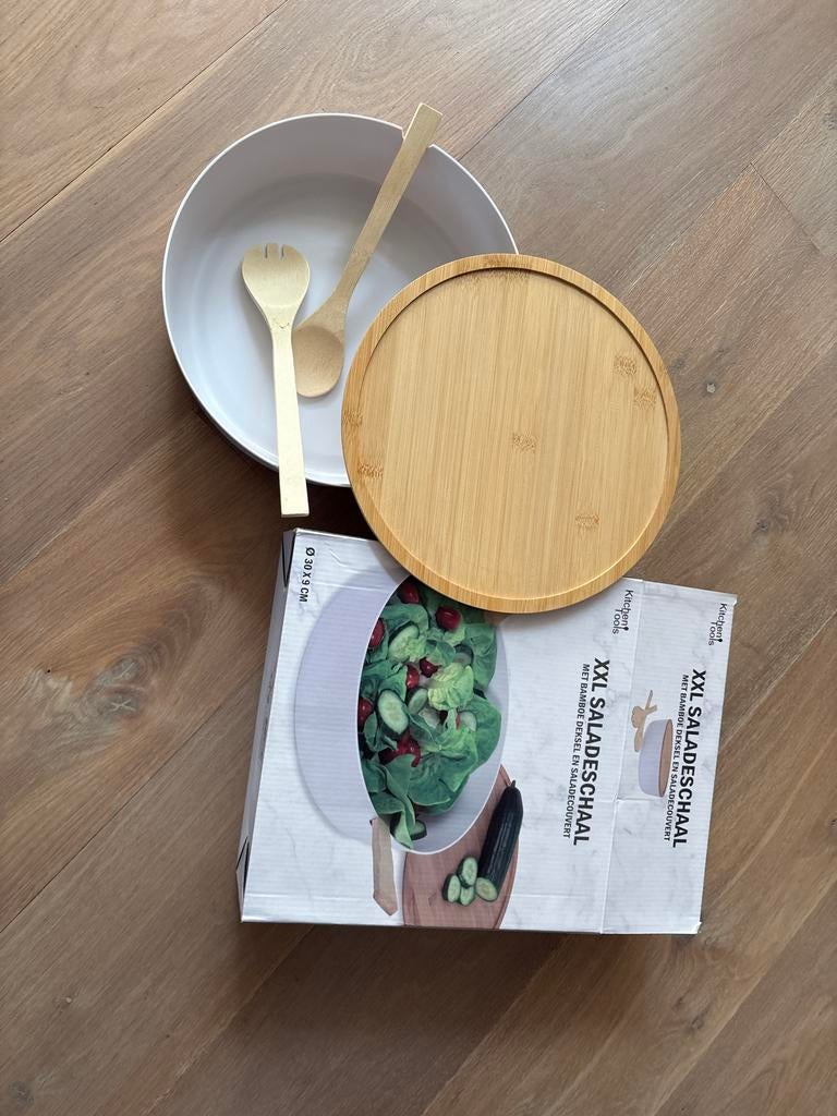 XXL Saladeschaal met Bamboe Deksel en Bestek, Ophalen of Verzenden, Nieuw