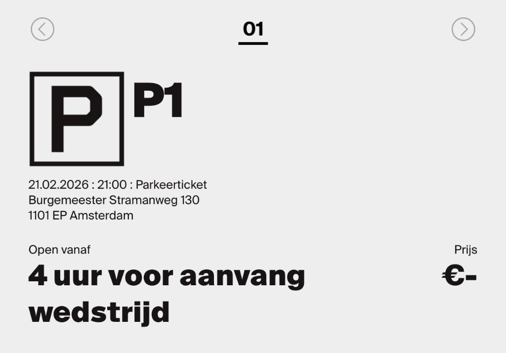 Parkeren P1 AJAX NEC in de arena, Eén persoon, Februari