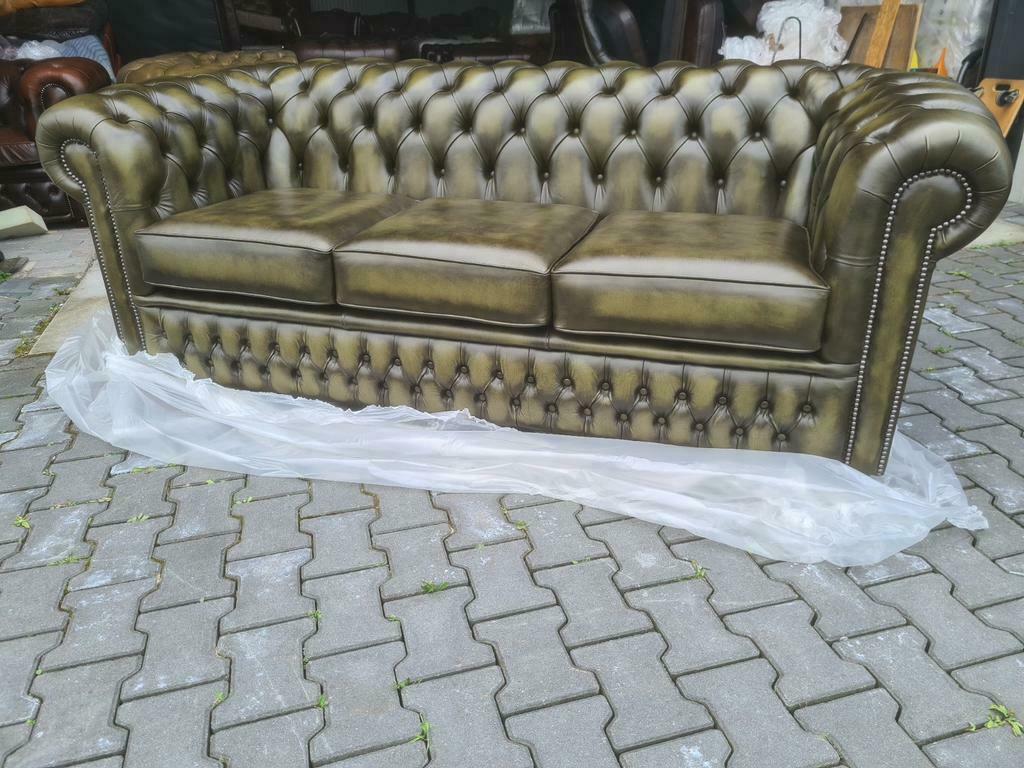Chesterfield 3.5 zit bank olijfgroen groen + GRATIS BEZORGD, ., Chesterfield, Ophalen of Verzenden, Rechte bank
