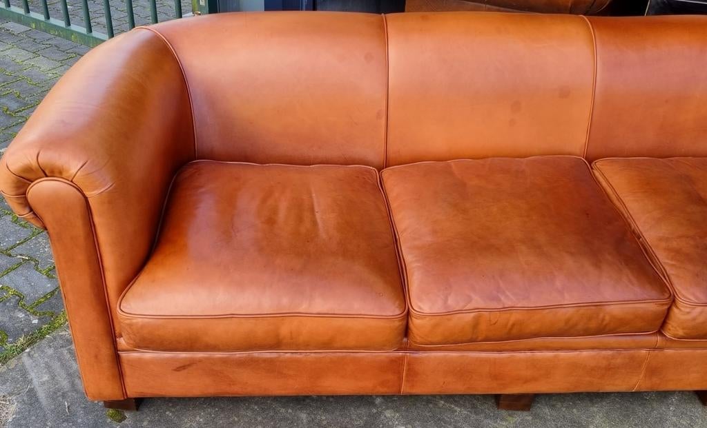 Kingsize XL Chesterfield bank cognac bruin leer + BEZORGING, Gebruikt, Chesterfield, Leer, Ophalen of Verzenden