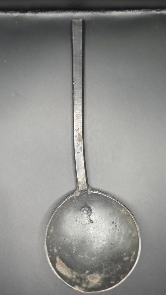 Tinnen lepel met rooskeur, Ophalen of Verzenden