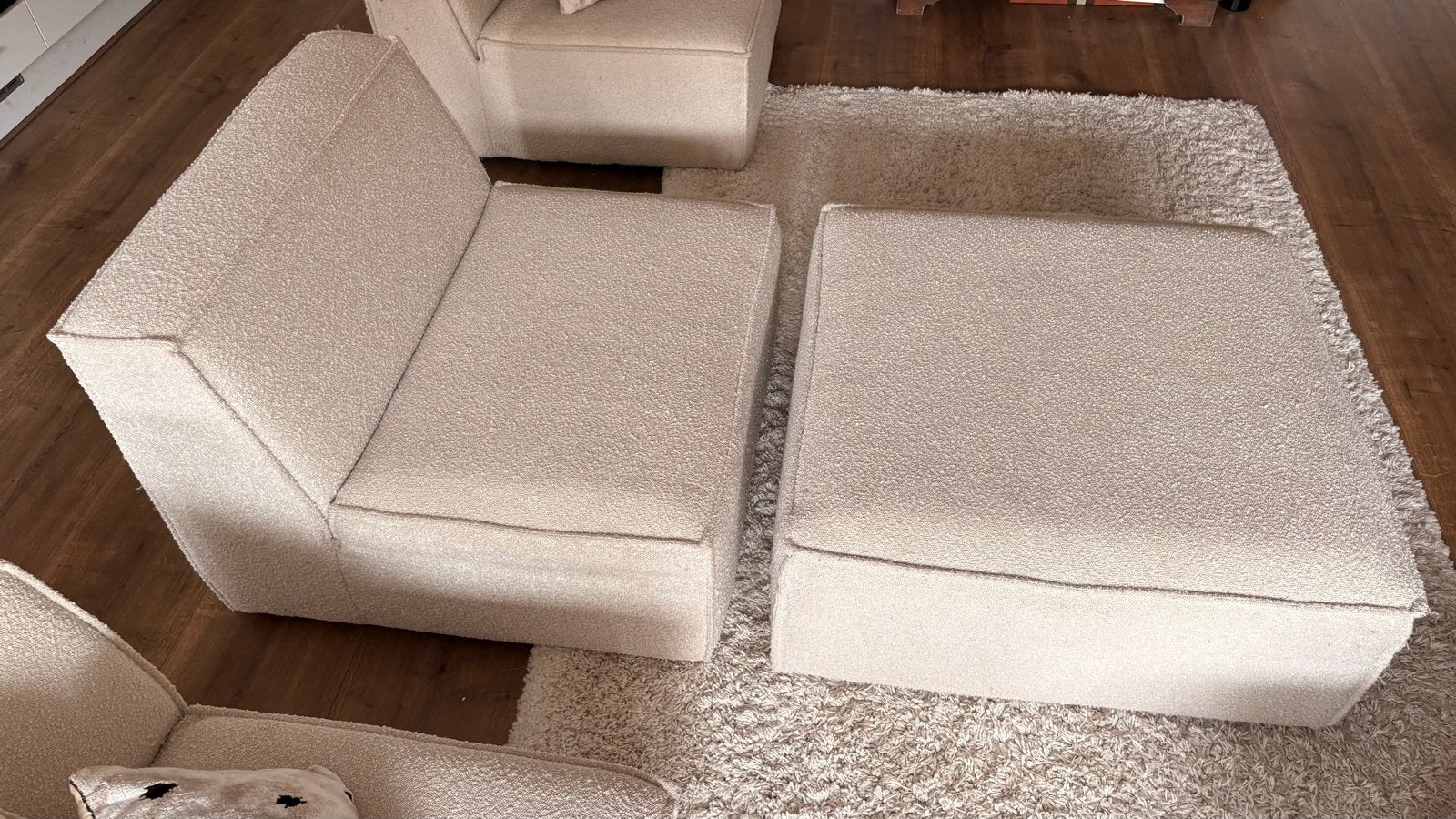 NOUS LIVING Hocker + Middenstuk - Newton crème bouclé, Ophalen, Vierkant, Zo goed als nieuw, 75 tot 100 cm