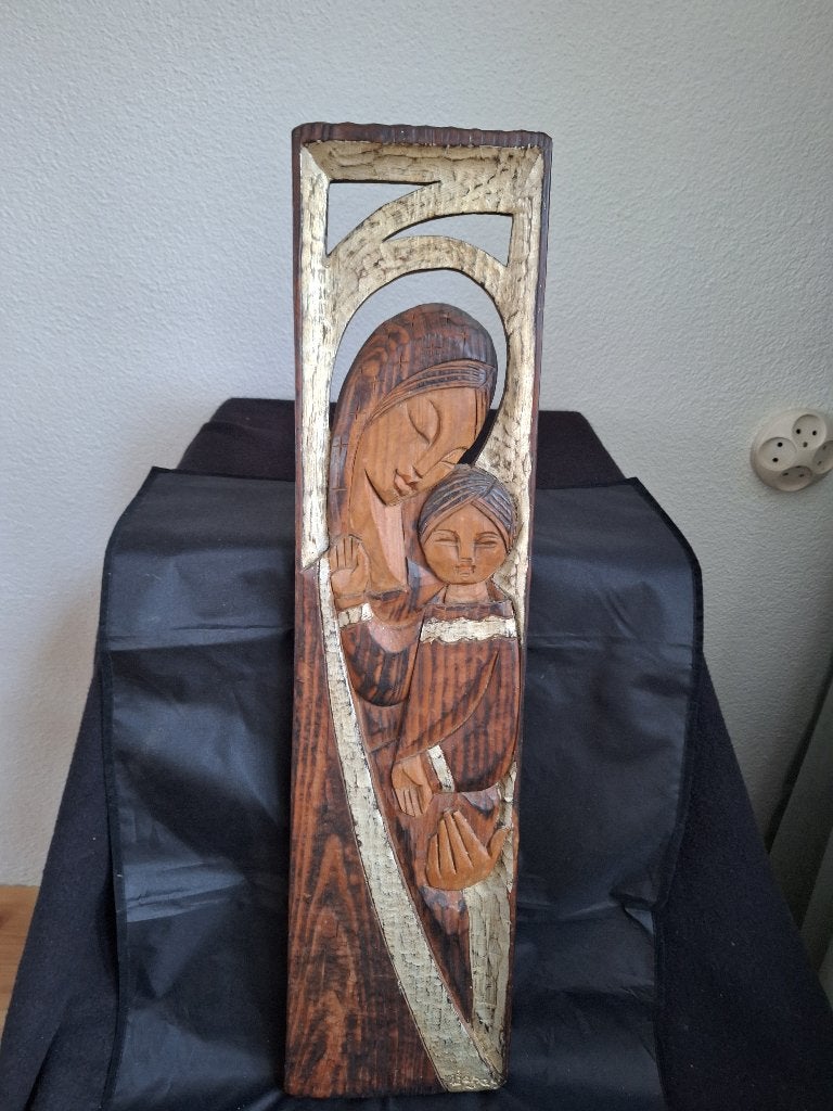 Vintage Madonna Met Kind Houtsnijwerk Wandplaat, Ophalen, Houtsnijwerk, 50 - 100 cm, Hout